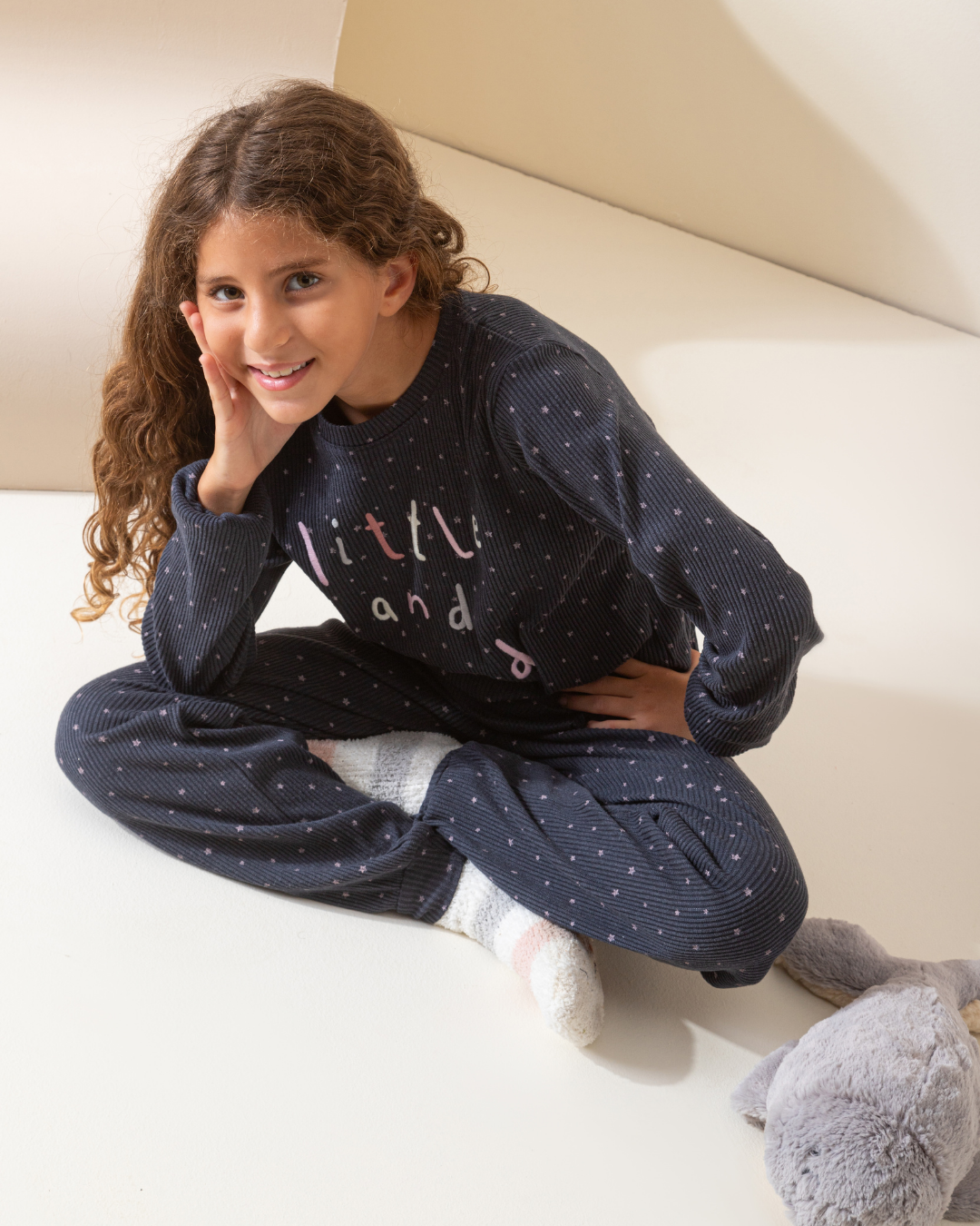 Little and loved girls' long sleeve ribbed jacquard pajamas