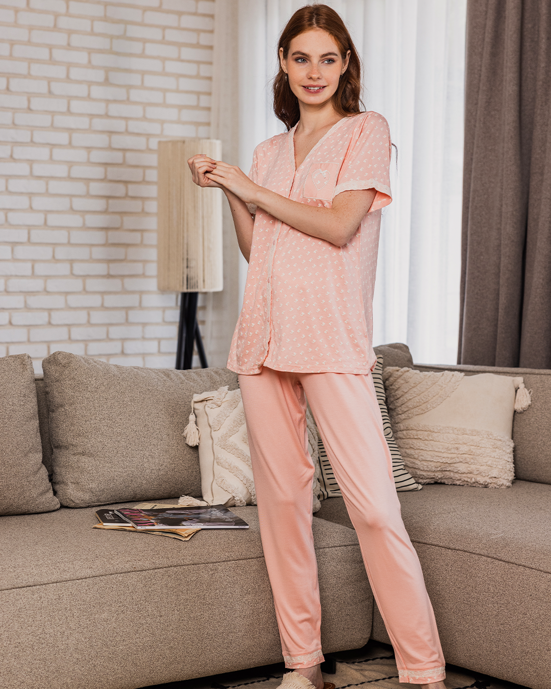 Women's pajamas, long pants, buttoned shirt, chest pocket, bow and heart embroidery