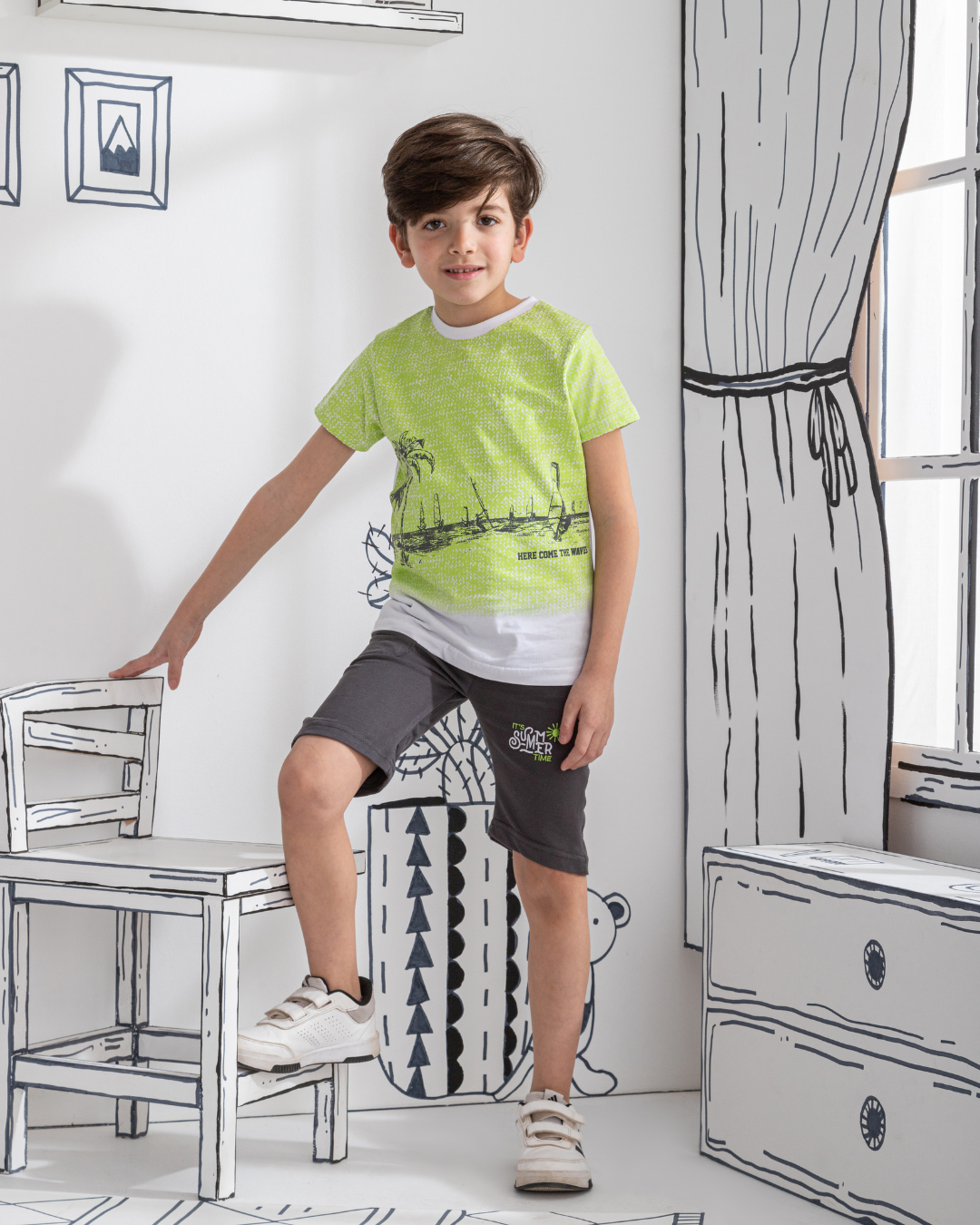 HERE COME THE WAVES Boys' pajamas, half-sleeve palm print T-shirt and shorts