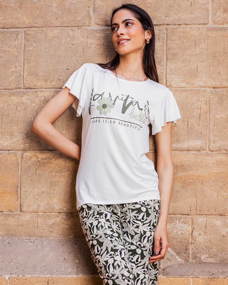 Women's pajamas, half-sleeve fan-print top, and olive-colored floral trousers