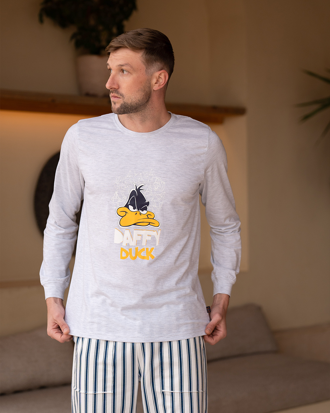 Daffy Duck Men's Long Sleeve Cotton Pajamas * Summer Melton Stripe Pants