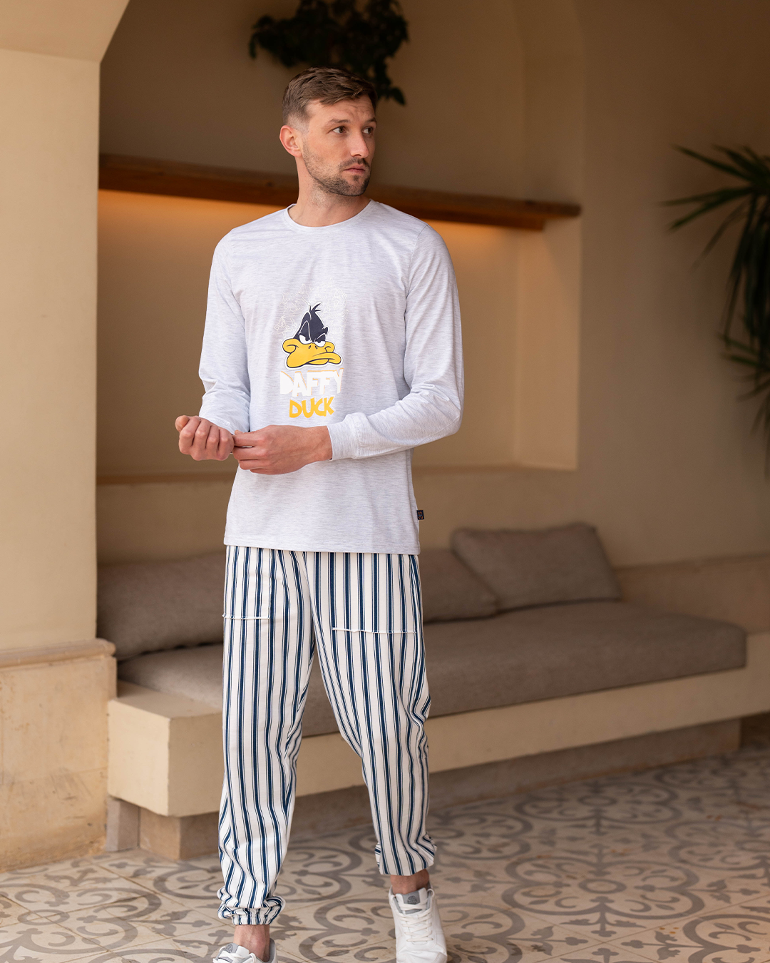 Daffy Duck Men's Long Sleeve Cotton Pajamas * Summer Melton Stripe Pants