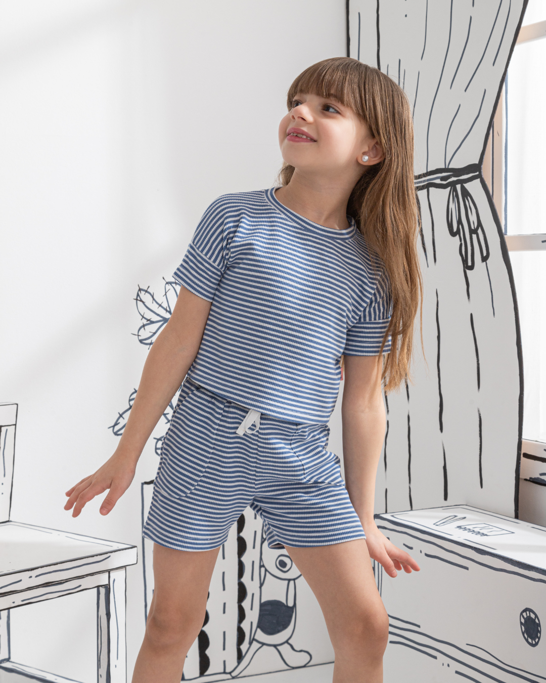 Waffel Stripe children's pajamas for girls, half sleeves and shorts