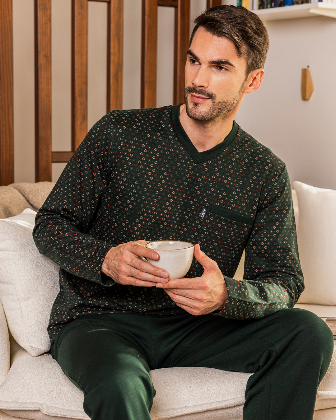Men's plain dyed printed pajamas, long sleeve dyed printed jacket