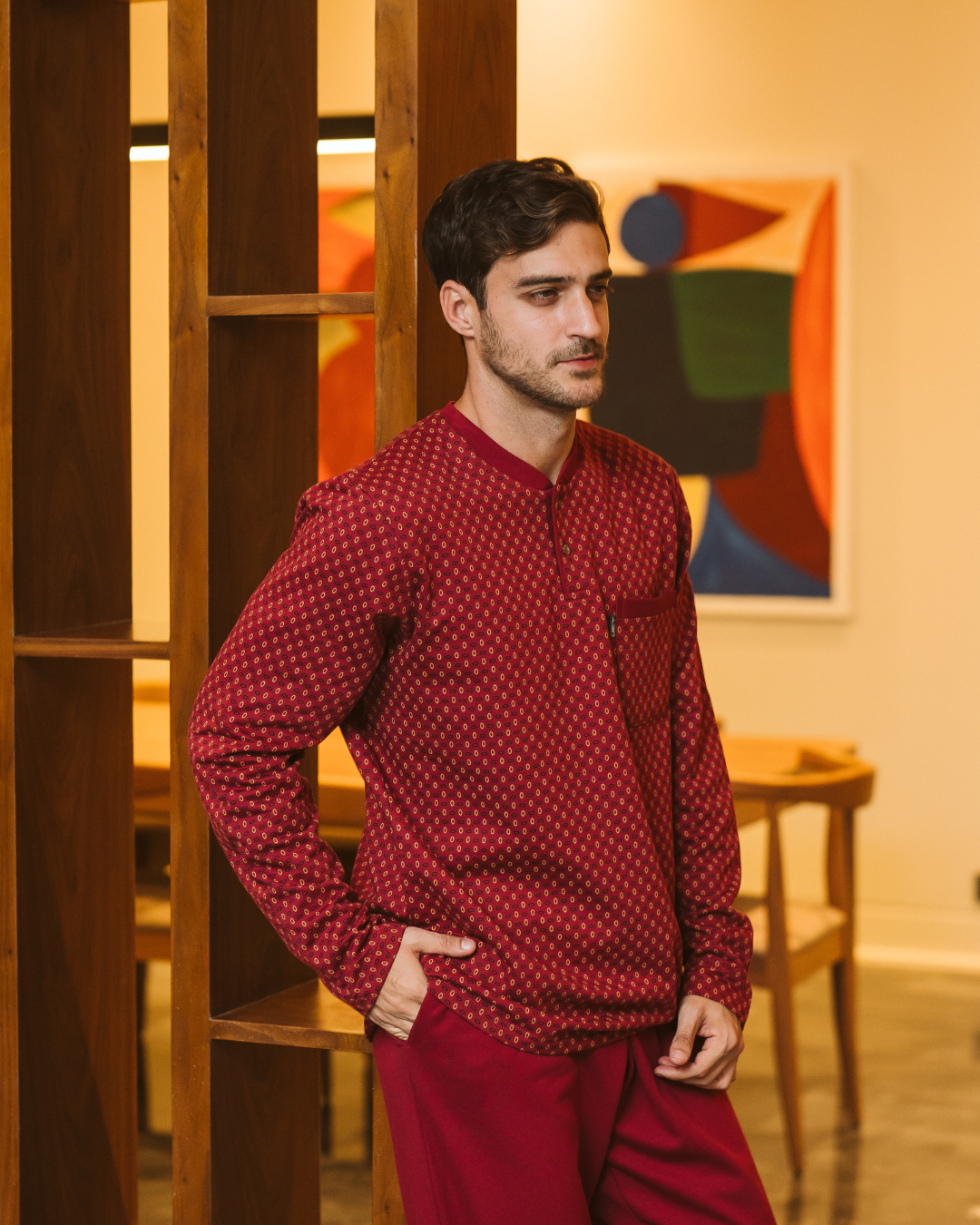 Men's plain dyed-printed pajamas, long-sleeved dyed-printed jacket with a round neck and buttoned collar