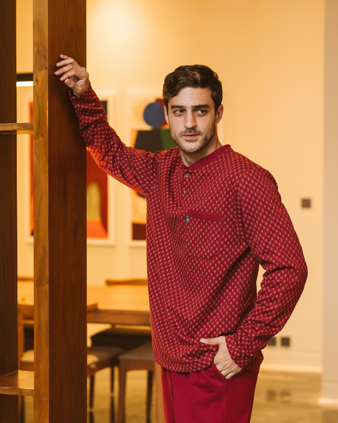 Men's plain dyed-printed pajamas, long-sleeved dyed-printed jacket with a round neck and buttoned collar