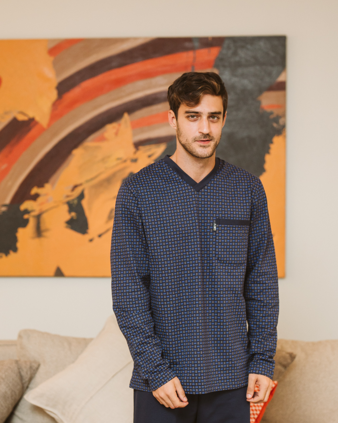 Men's plain dyed printed pajamas, long sleeved printed jacket with collar