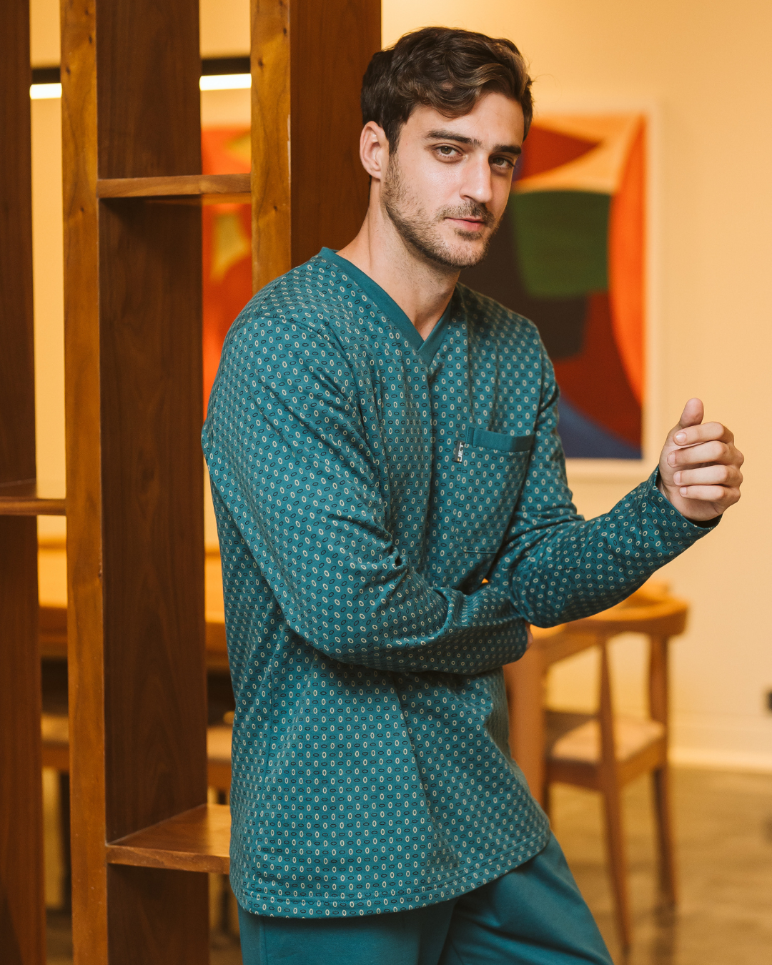 Men's plain dyed printed pajamas, long sleeved printed jacket with collar