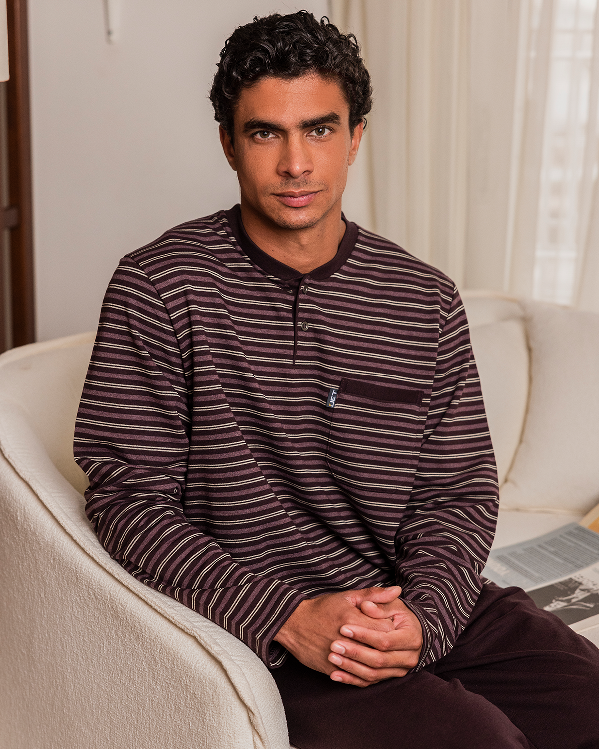 Men's casual striped pajamas * plain, long sleeve casual striped jacket with a round neck
