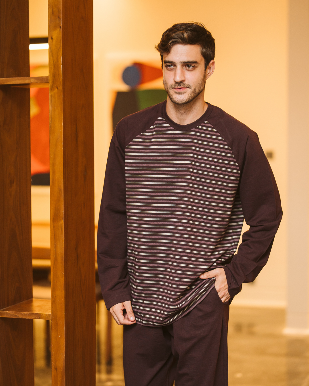 Men's plain wide striped pajamas*, casual striped long sleeve raglan jacket
