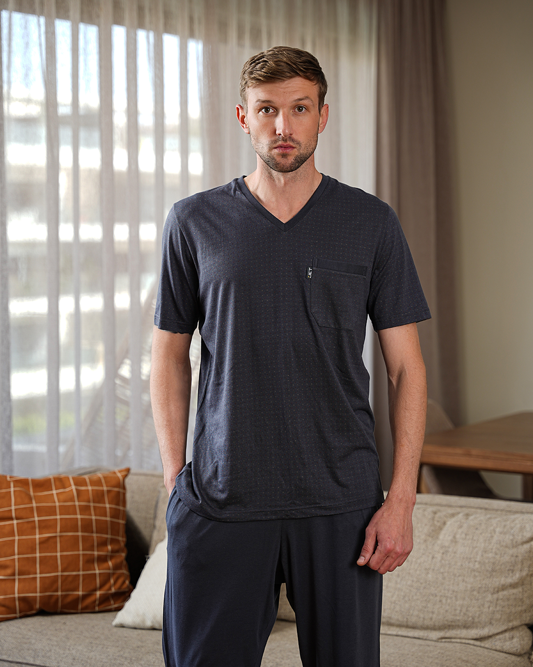 Men's pajamas, half-sleeved T-shirt and dot-printed pants