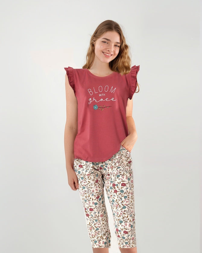 BLOOM WITH GRACE Women's pajamas with a cropped T-shirt and floral panties