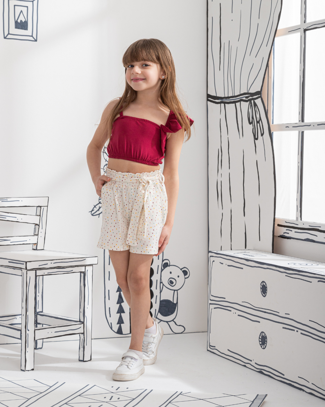 Ruffel Shoulder Girls' Pajama Top and Shorts