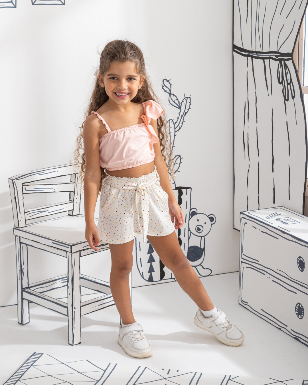 Ruffel Shoulder Girls' Pajama Top and Shorts