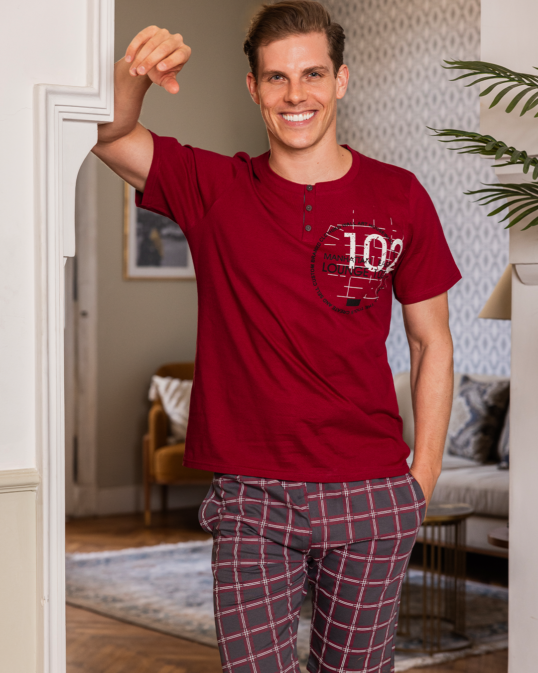 LOUNGE 102 Men's pajamas, long checked trousers, printed half-sleeve T-shirt