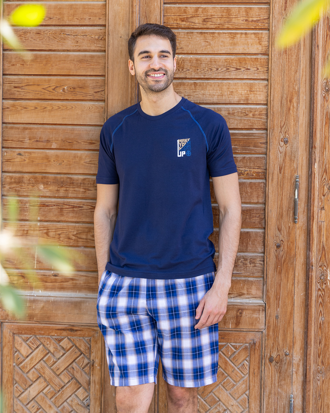 Men's pajamas, rhubarb, chest print, checkered shorts