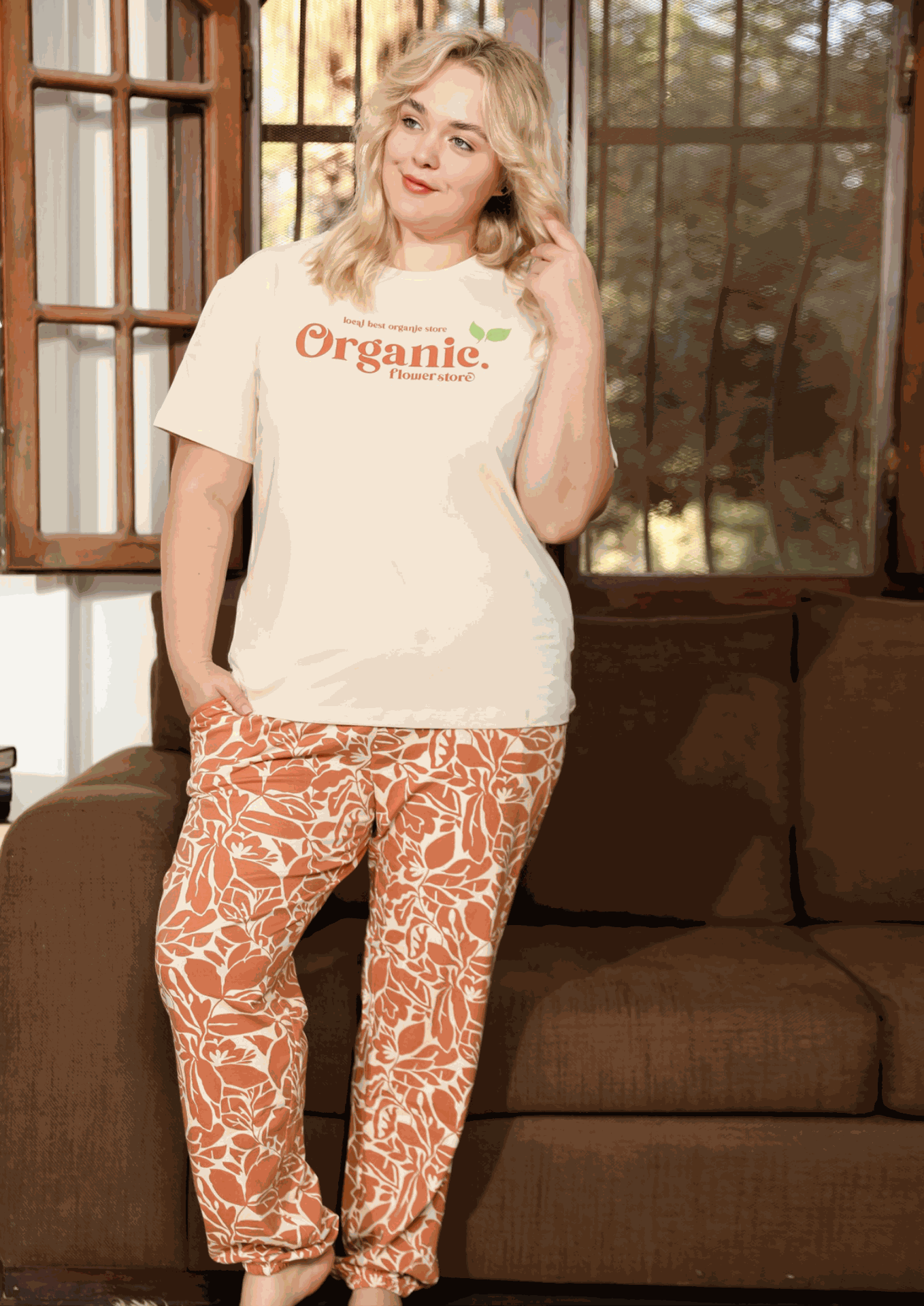 organic flower store Women's pajamas with half-sleeved T-shirt and printed pants
