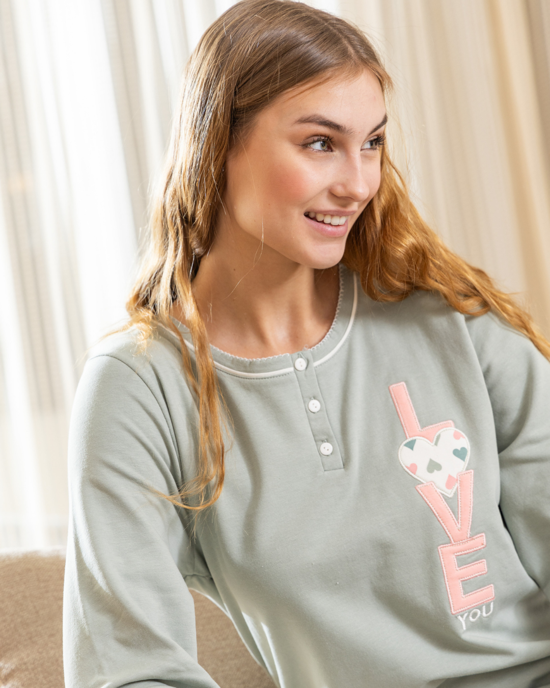 Love Women's Long Sleeve Pajamas with Hearts Print + Embroidery