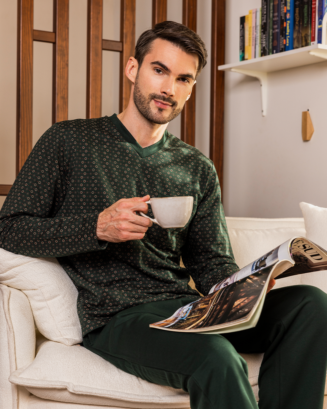 Men's plain dyed printed pajamas, long sleeve dyed printed jacket