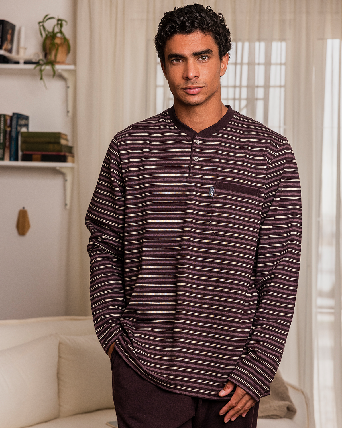 Men's casual striped pajamas * plain, long sleeve casual striped jacket with a round neck
