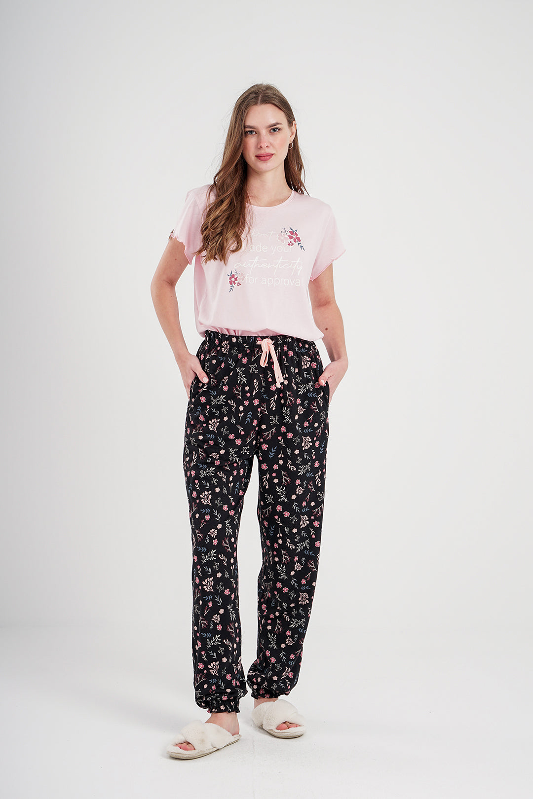 black floral women's pajamas with modal printed pants