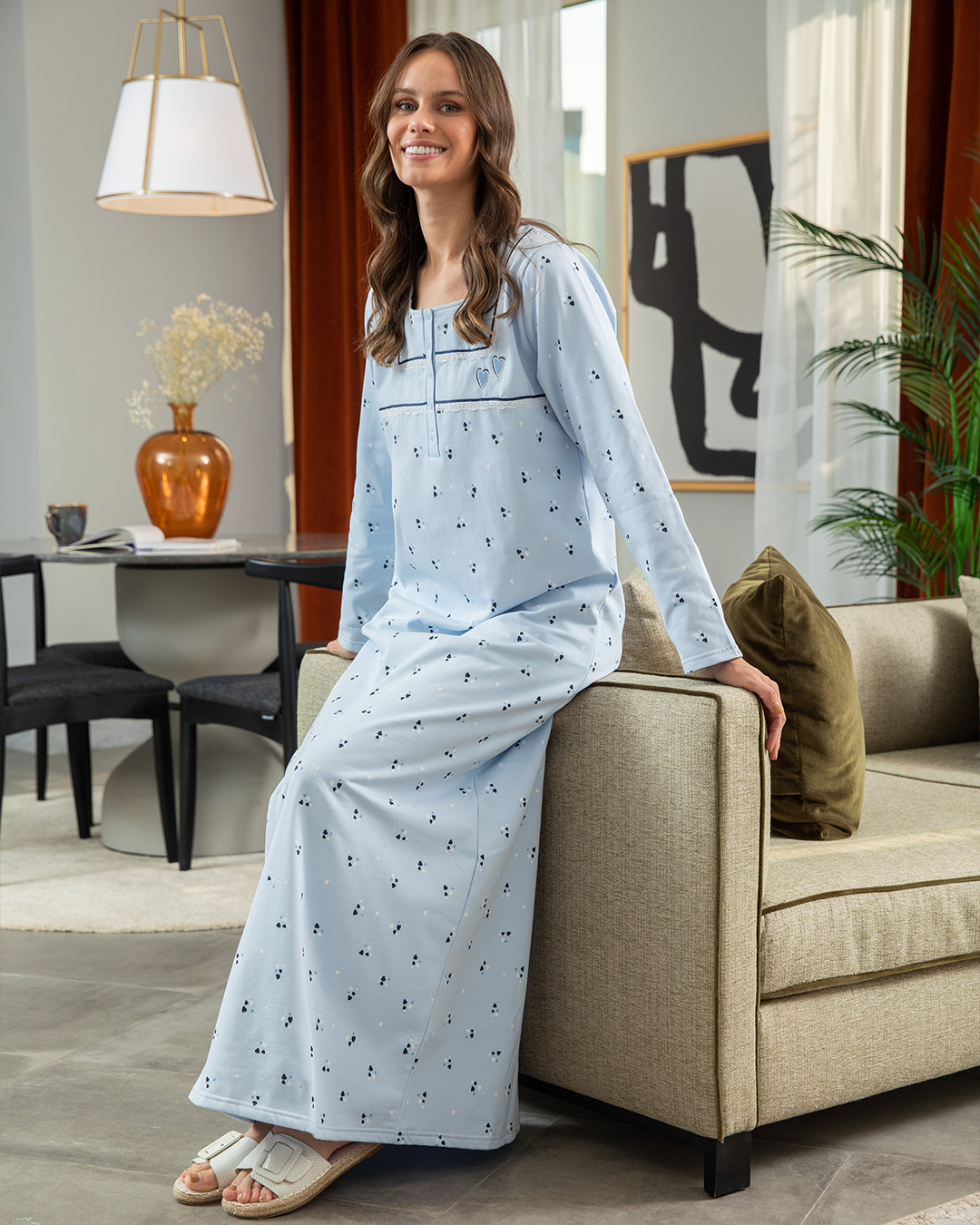 heart embroidered sleeve women nightgown