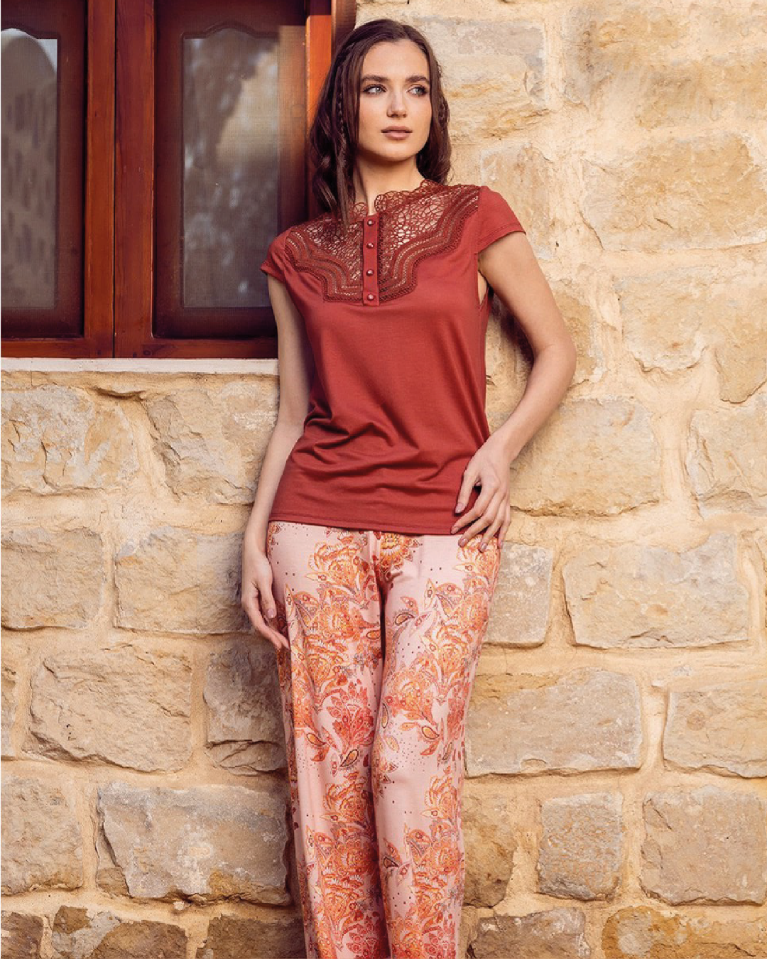 Women's pajamas, lace cut, with floral trousers