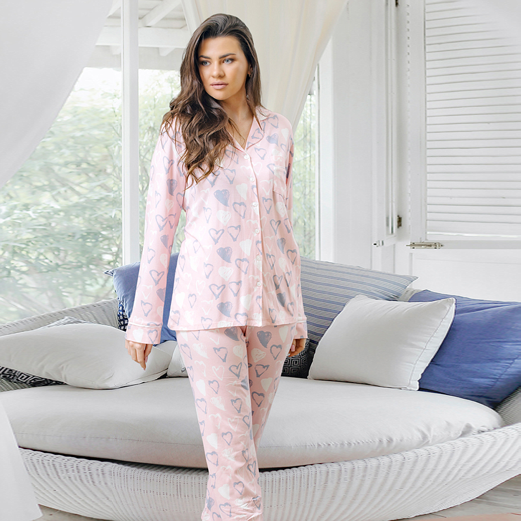 Women's classic pajamas with hearts for women