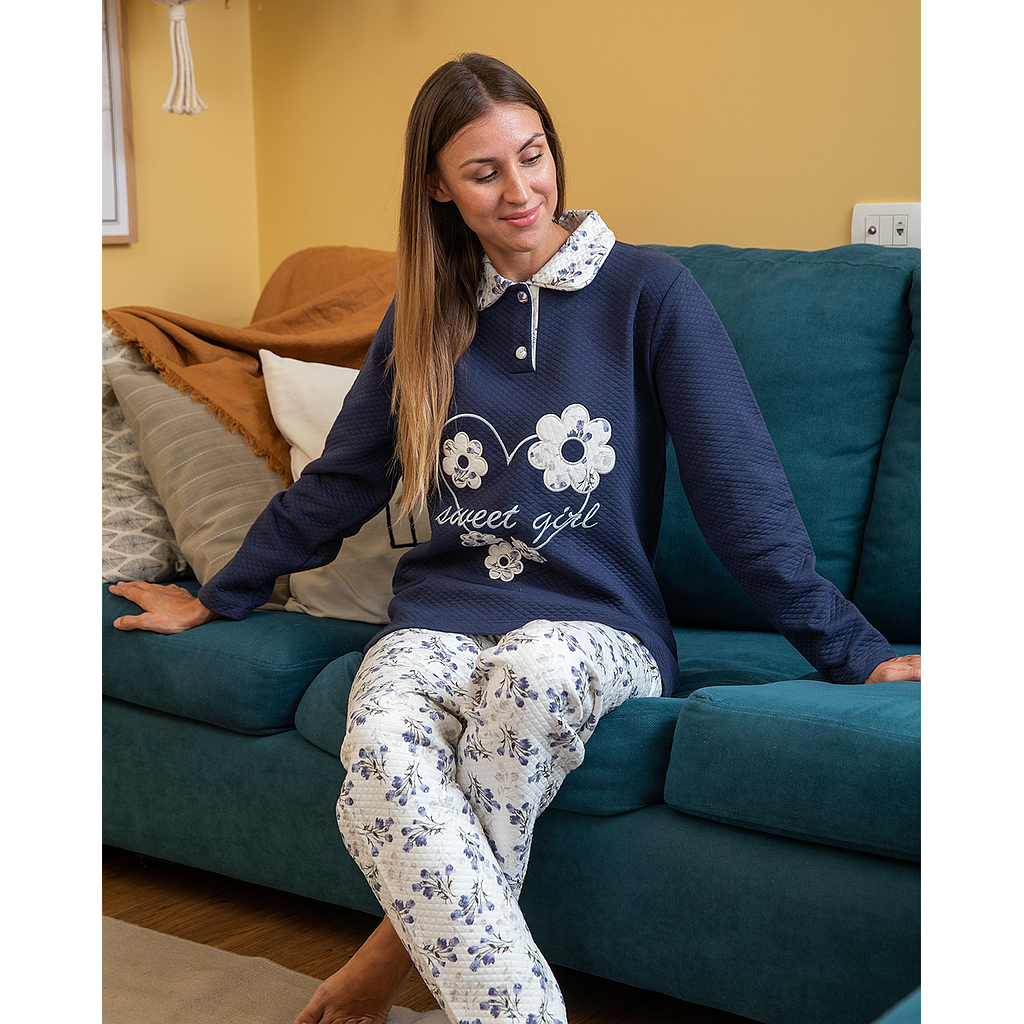 Women's pajamas, embroidered polo pants, rose
