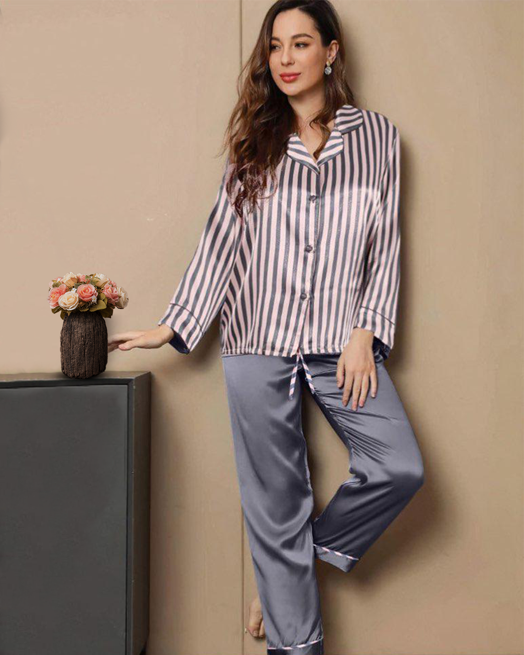 Women's striped pajamas, trouser length