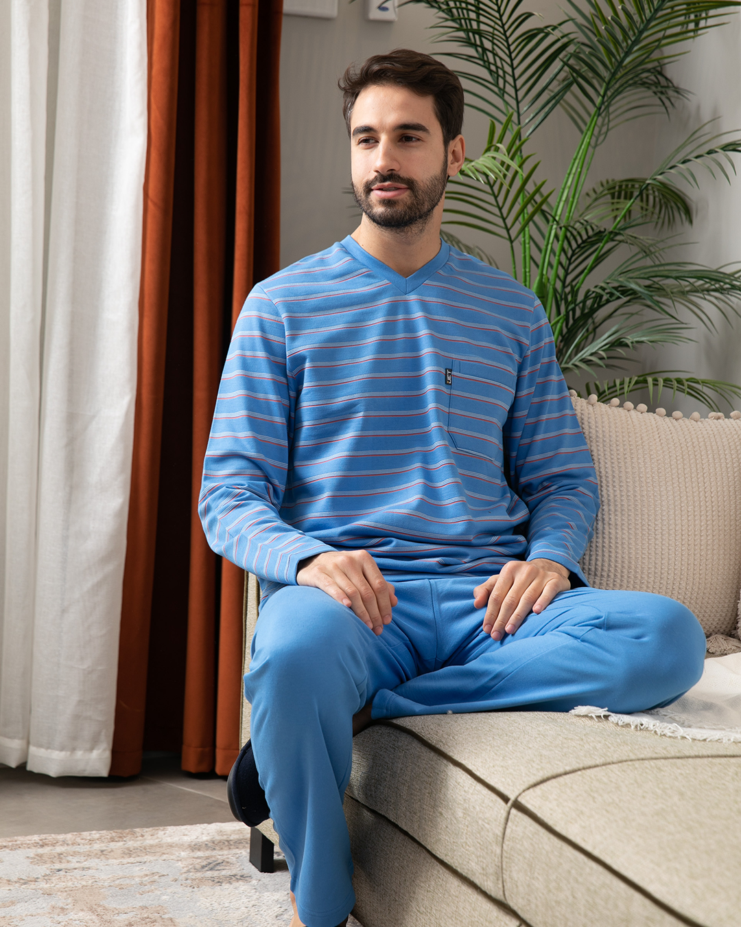 V neck striped men's pajamas